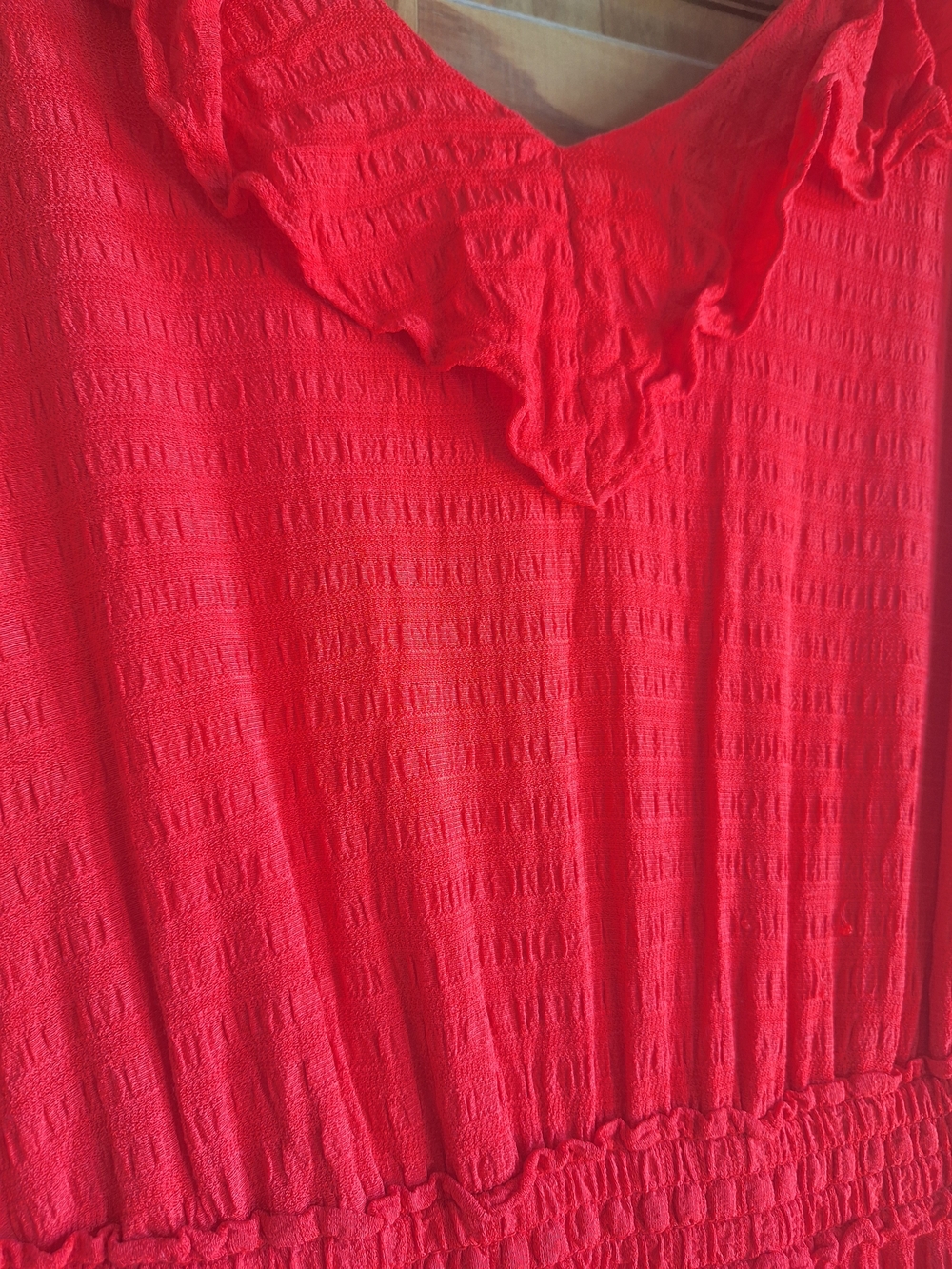 Bright Red Maxi Summer Dress Woth Ruffle Neckline And Open Back - Picture 3 of 6